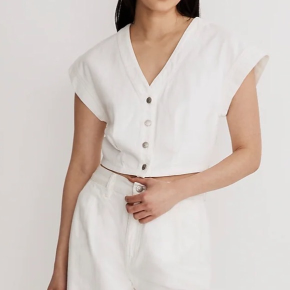Madewell Tops - Madewell Denim Cap-Sleeve Crop Top in Tile White